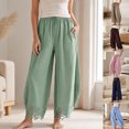 thumbnail image 4 of JUUNthy Casual Pants for Womens, Elastic Waist Lace Hem Wide Leg Baggy Fit Lightweight Summer Trousers with Pockets Yellow S, 4 of 13