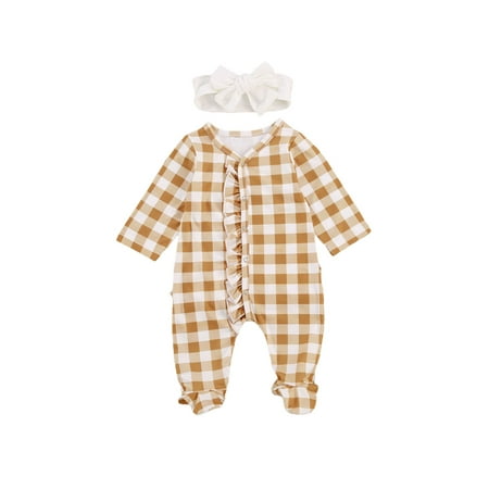 

Amuver Baby’s Checked Footies Jumpsuit Set Long Sleeve Ruffled Single Breasted Bodysuit with Headband for Spring Autumn and Winter