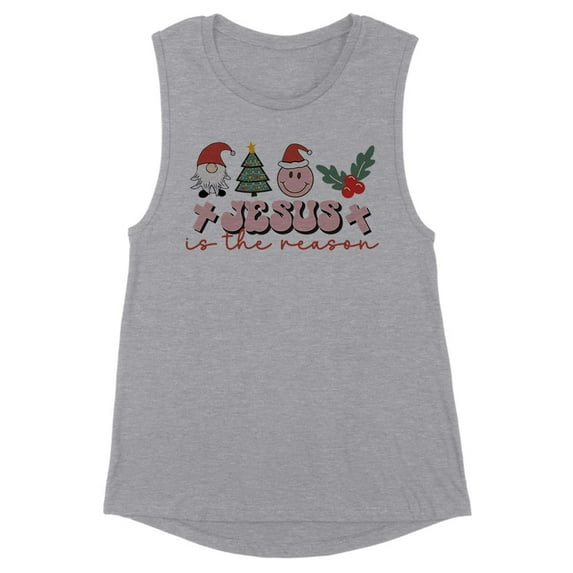 Smiley Jesus Is the Reason Christmas Women's Muscle Tank Large Heather Grey