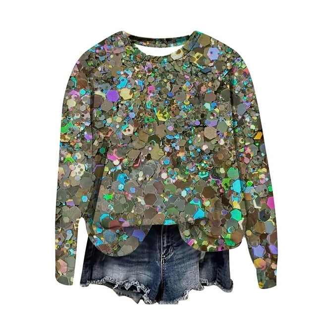 AYA Women's Sparkling Printed Long Sleeve Crewneck Sweatshirt For Party Events