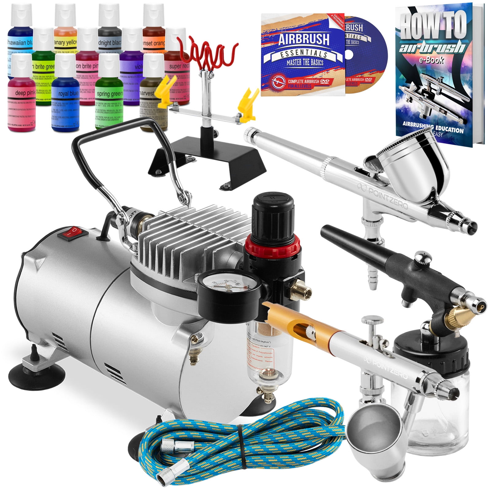 PointZero Airbrush Cake Decorating Kit 3 Airbrushes, Compressor, and 12 Chefmaster Colors