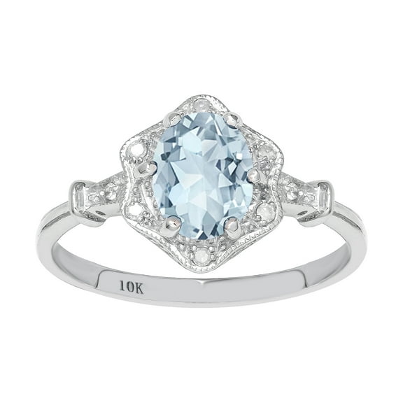 10k White Gold Vintage Style Genuine Oval Aquamarine and Diamond Halo Ring