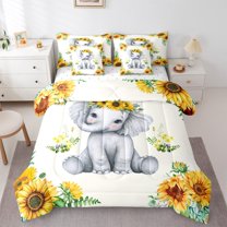 Manfei Kawaii Animal Elephant Twin Bedding Sets 7-Piece for Kids Children,Chic Floral Sunflowers Bedding Comforter Set Microfiber,Cartoon Wildlife Breathable Sheet Sets,Luxury Bedroom Decor