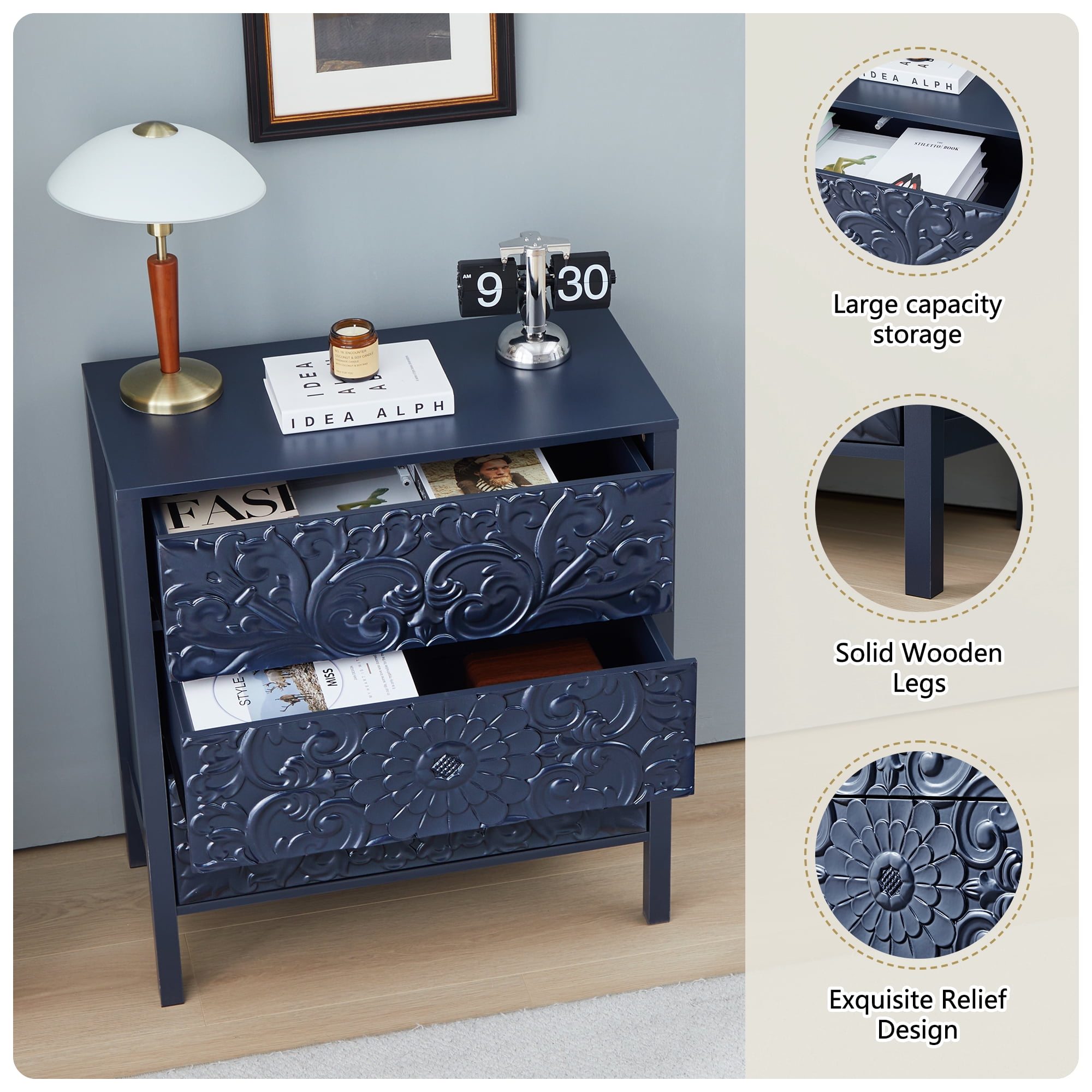 Wirrytor 3 Drawer Dresser for bedroom, Modern Chest of Drawers with Handles, Accent Wood Storage Cabinet for Bedroom, Living Room and Kitchen (Blue 3-Drawers-1)
