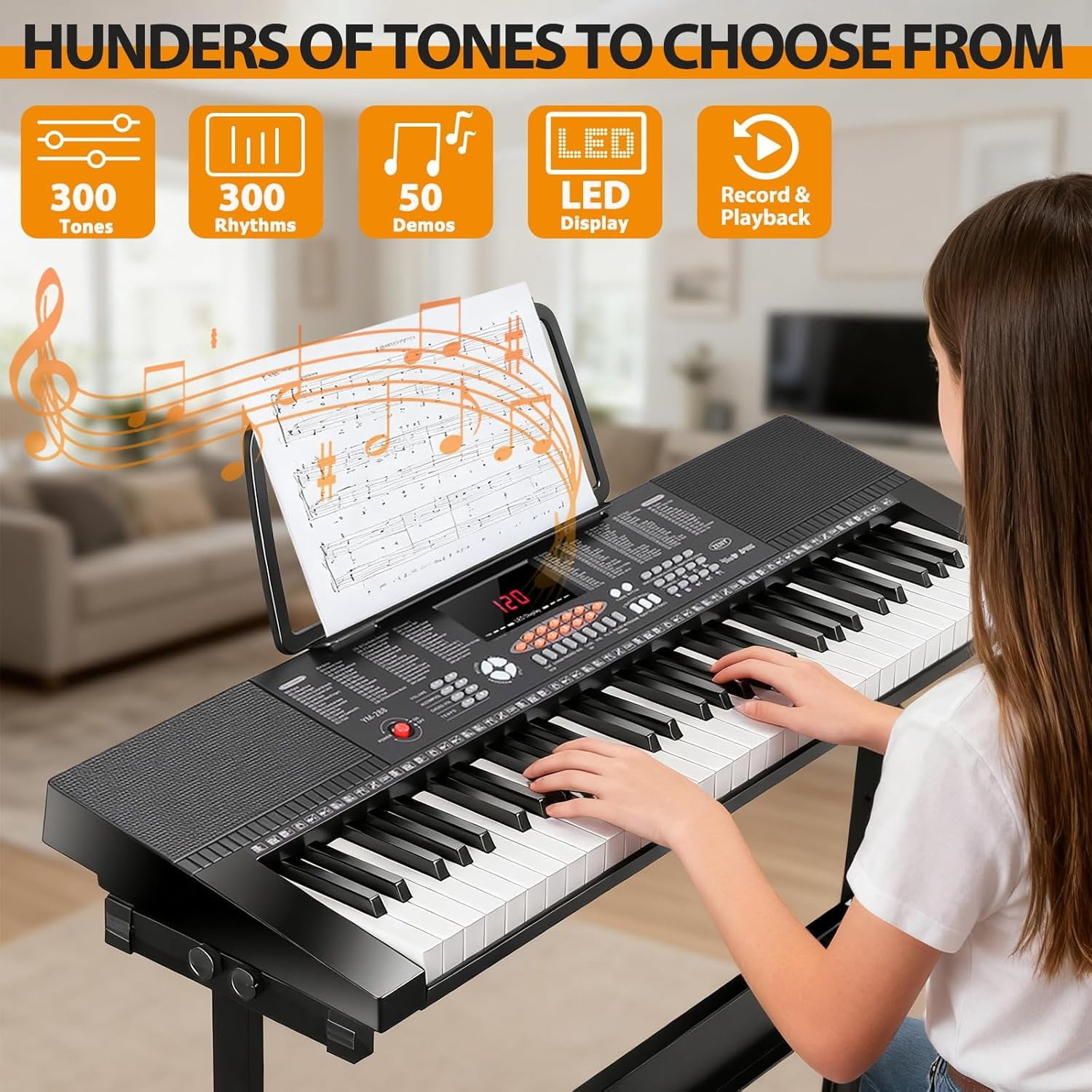 61-Key Portable Electric Keyboard Piano with Built In Speakers, LED Screen, Headphones, Microphone, Piano Stand,  Sheet Stand and Stool