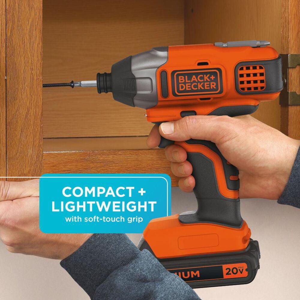 Black & Decker 20V MAX* POWERCONNECT™ 1/4 in. Cordless Impact Driver Kit, B&D 20V Impact has 1,375 in-lb. of torq
