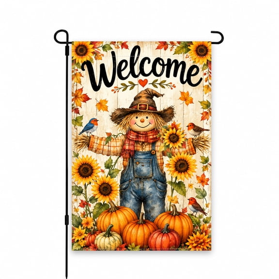 Welcome Autumn Garden Flag 12x18 Inch - Scarecrow, Sunflowers & Pumpkins Design for Outdoor Decor - Fall Yard, Patio, Lawn, Porch Decoration