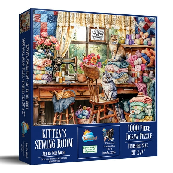 SUNSOUT INC - Kittens Sewing Room - 1000 pc Jigsaw Puzzle by Artist: Tom Wood - Finished Size 20" x 27" - MPN# 28896