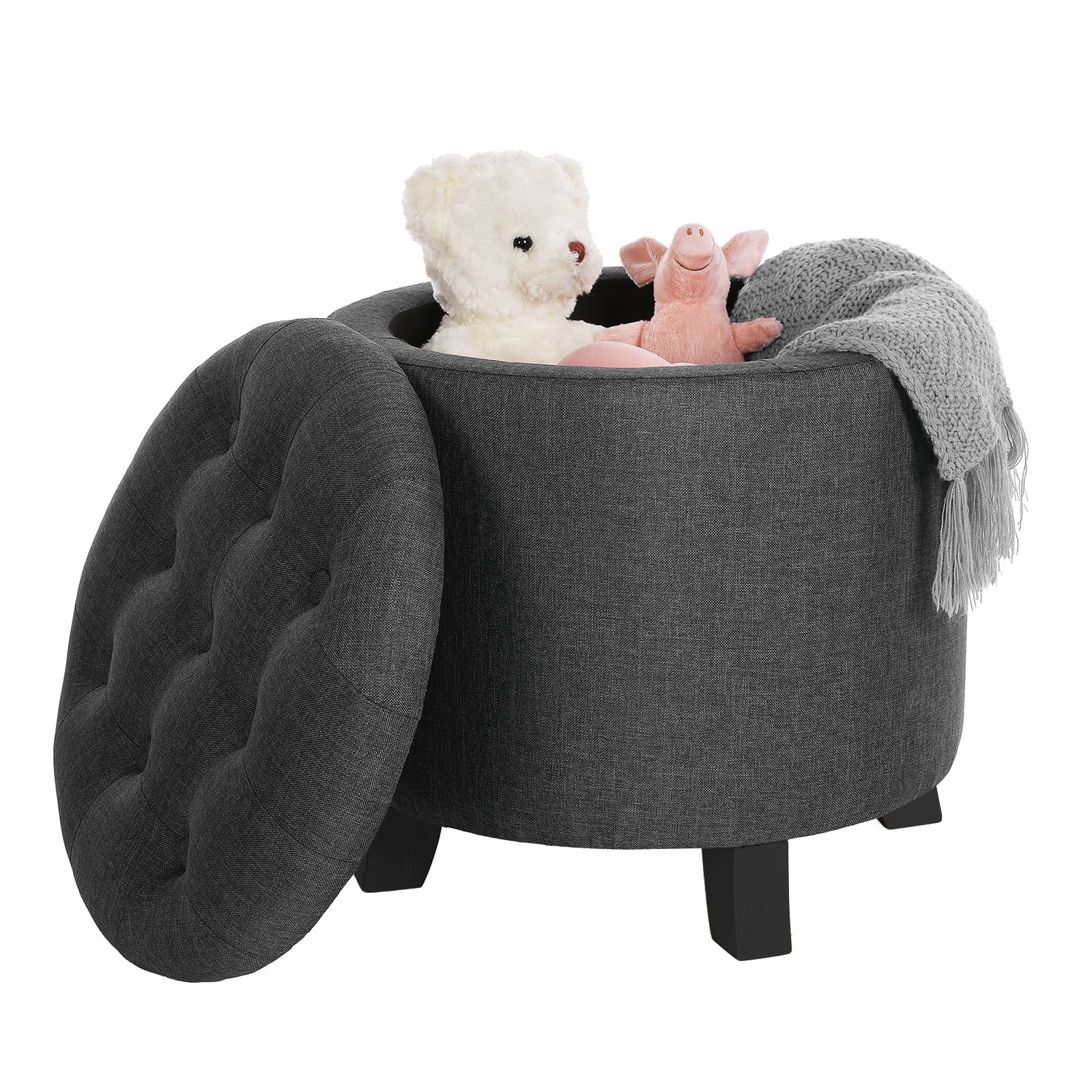 SONGMICS Round Storage Ottoman, Footstool with Wood Legs, 17.7", Dark