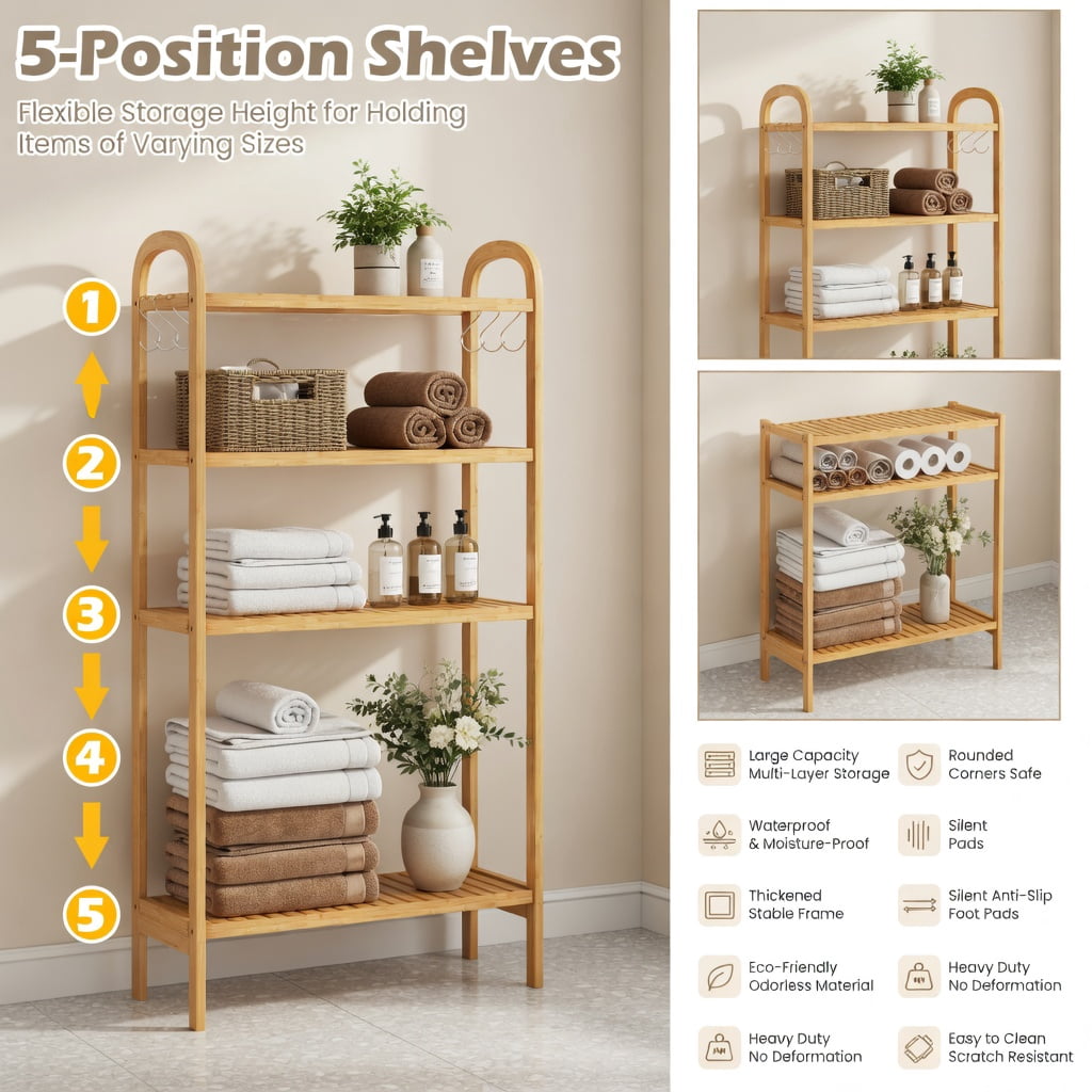 Hommoo 3-Tier Bamboo Over-the-Toilet Storage Organizer, Adjustable 5-Position Shelves, 3 Hooks, Wood Floor Standing Bathroom Shelf with Anti-Tip Kits & Leveling Feet, Natural