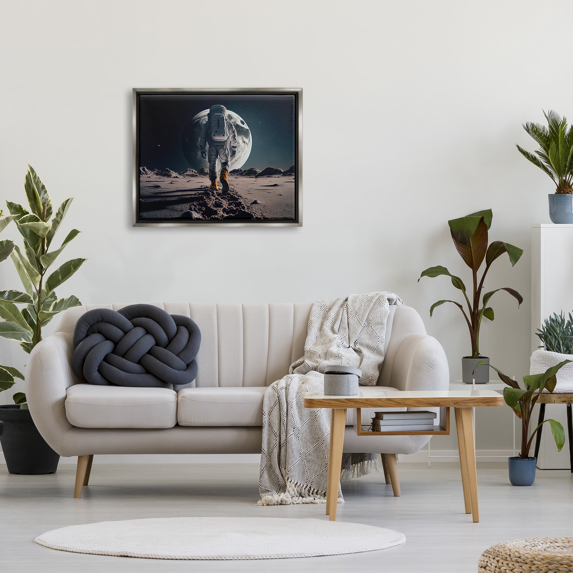 Stupell Industries Man On Moon Outer Space Astronaut Fairy Tales & Fantasy Painting Gray Floater Framed Art Print Wall Art