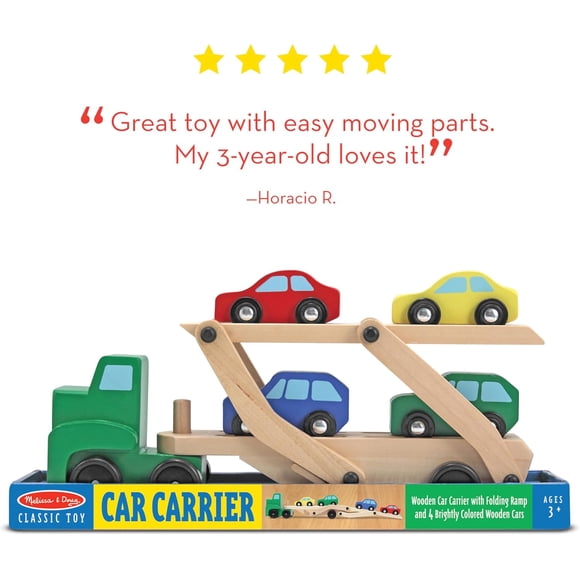 Melissa & Doug Car Carrier Truck and Cars Wooden Toy Set with 1 Truck and 4 Cars 5.75" x 12" x 3"