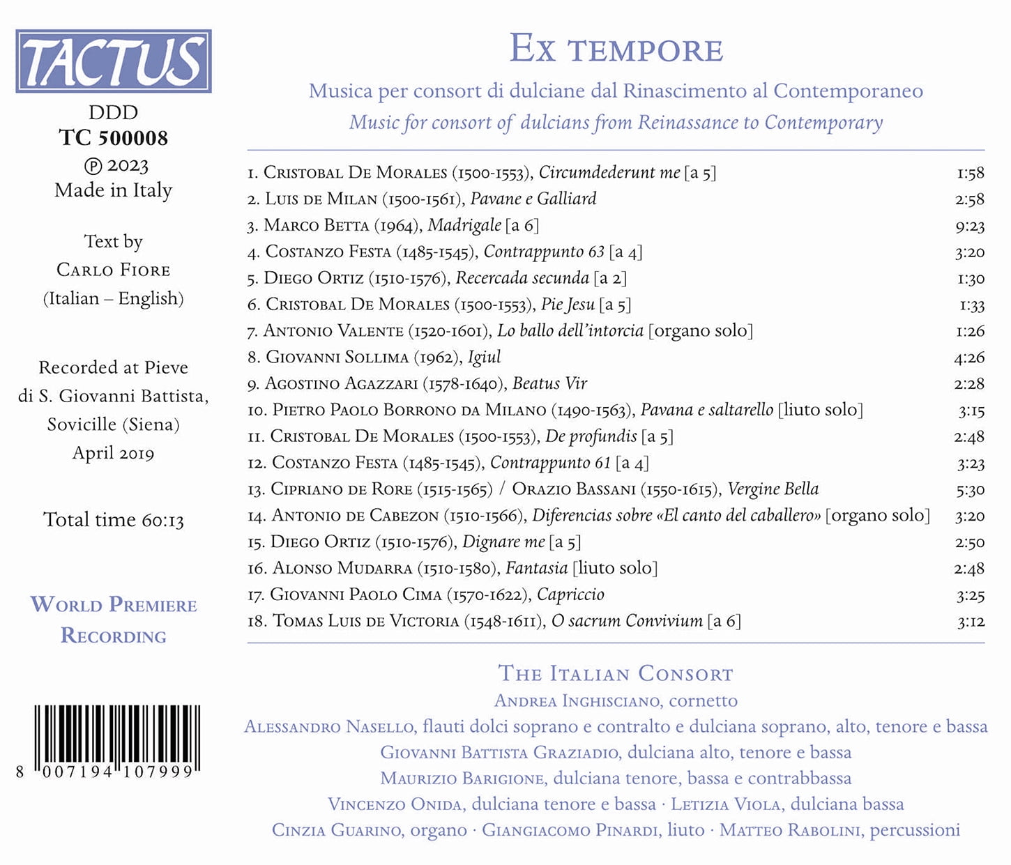 Agazzari / Bassani / Italian Consort - Ex Tempore - Music & Performance - CD