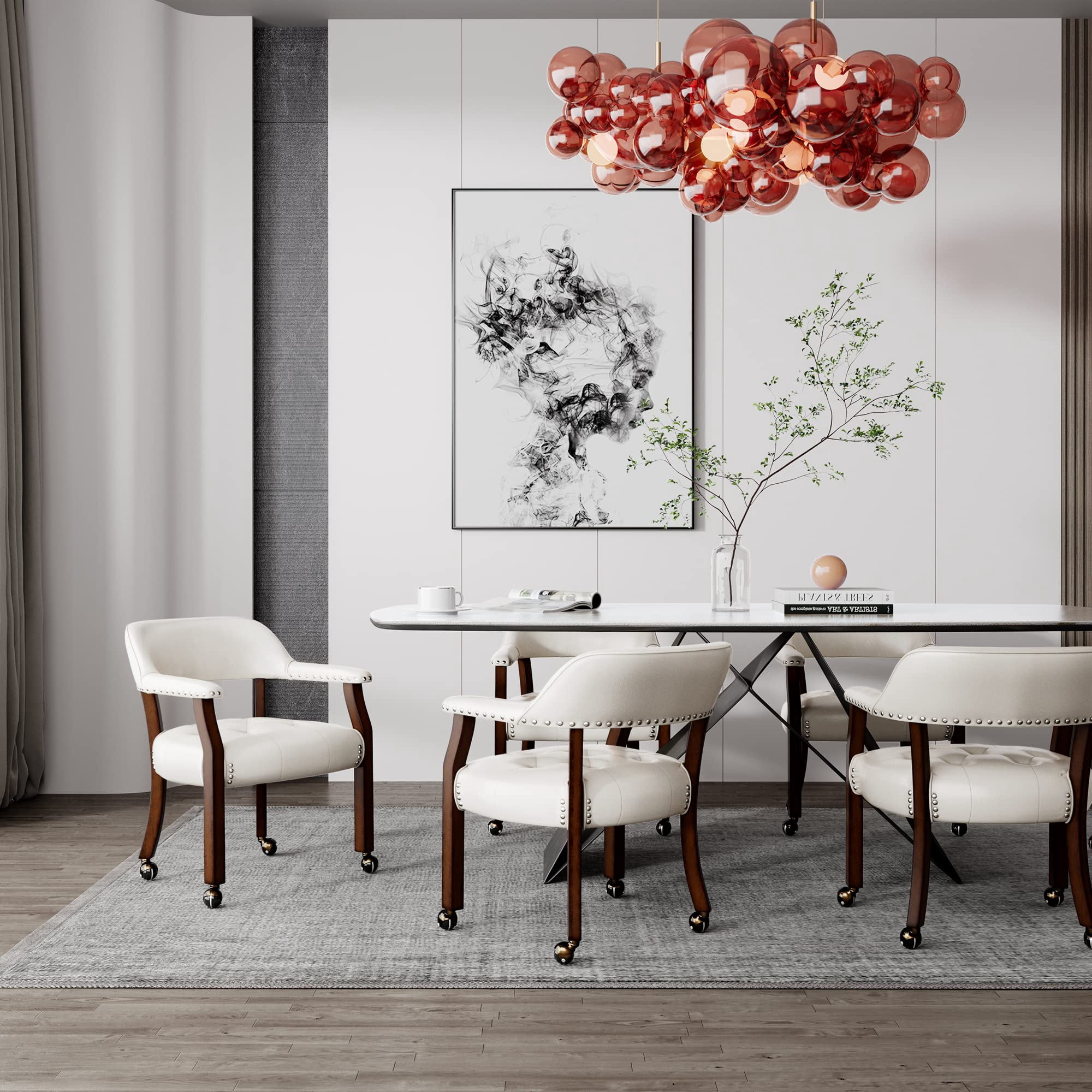 JESONVID Dining Chair with Casters, Captain's Chairs with Rollers Dinette Sets Poker Chairs with Wheels Kitchen Table Rolling Chairs High Back Chair On Caster(White 1533WT)