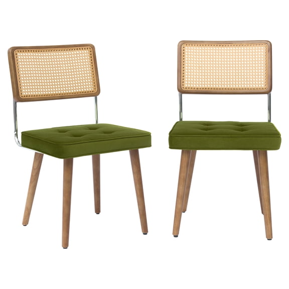 Set of 2 Modern Boho Rattan Dining Chairs – Soft Upholstered Seat, Tall Cane Backrest, Plain Wood Legs, Mid-Century Accent for Kitchen, Dining Room – Soft | Green