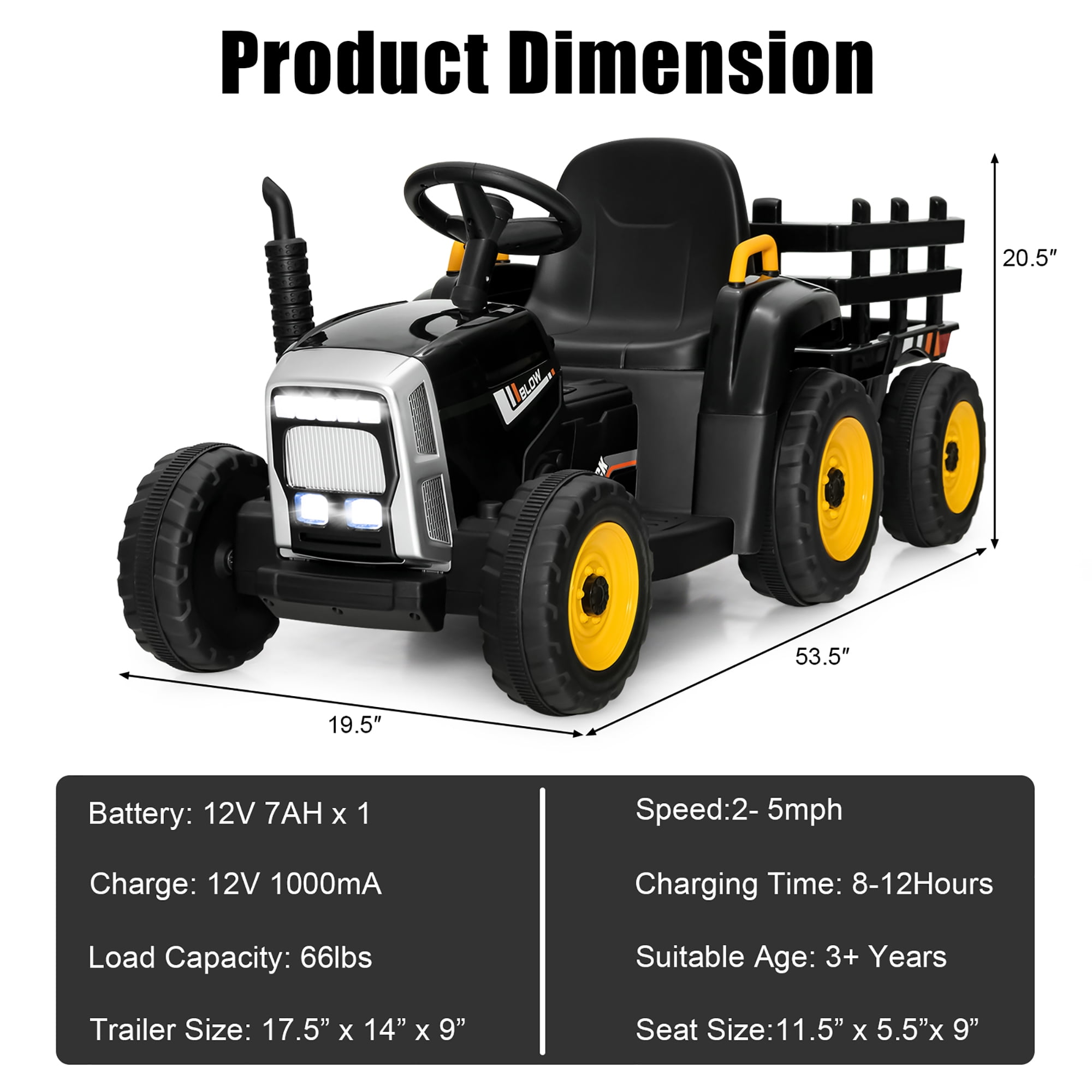 Costway 12V Kids Ride On Tractor with Trailer Ground Loader w/ RC & Lights  Dark Black