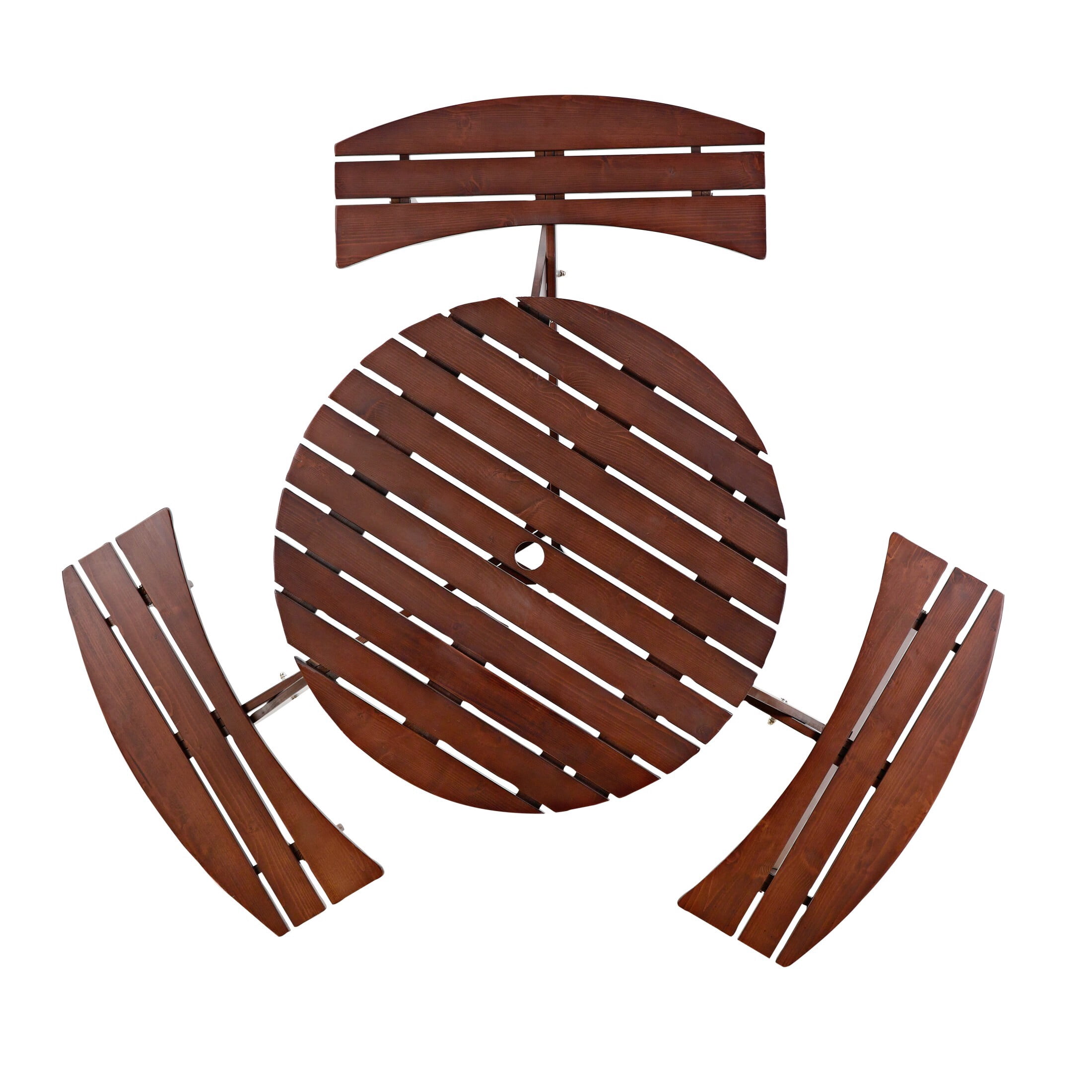DEALTOPS 6 Person Wood Picnic Table with 3 Built-in Benches, Outdoor Round Table and Bench Set with Umbrella Hole for Park, Brown