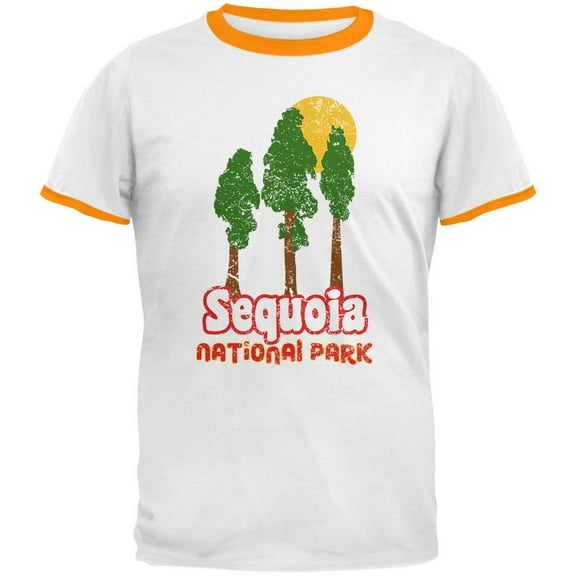 National Park Retro 70s Landscape Sequoia Mens Ringer T Shirt White-Gold LG