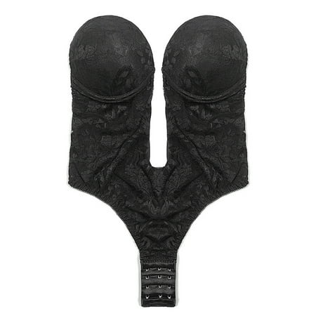 

BYDOT Women Deep V Neck Body Shaper Backless U Plung Seamless Thong Full Lace Bodysuit Push Up Padded Low Back Shapewear for Wedding Party Dress