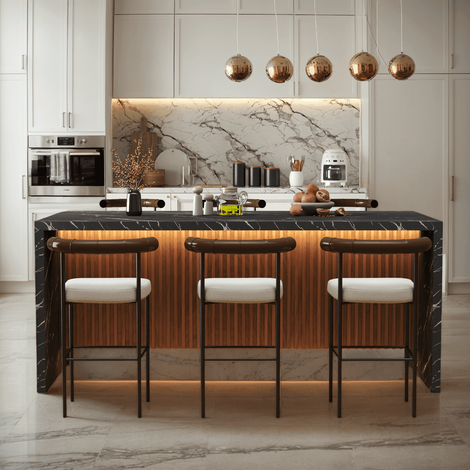 71" Modern Black Marble Dining Table with LED Lights, Rectangular Faux Marble Kitchen Table for 4-6 People, Large Island Table with Striped Grille Base for Dining Room, Home, or Living Room