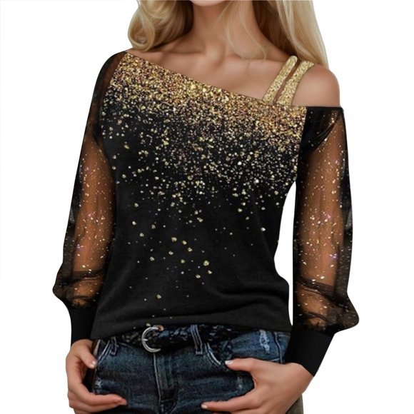 GDREDA Sleeve Mesh Cold Tops Loose Shoulder Sequin T Shirt Casual Long Print Splice Women Blouse Women's Blouse Gold,S