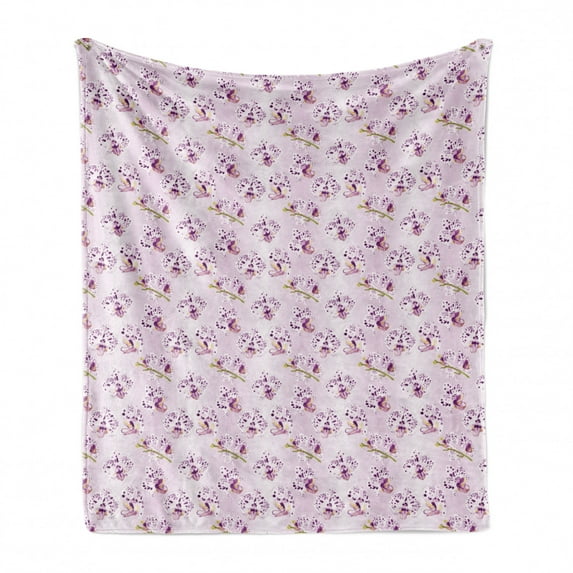 Orchids Soft Flannel Fleece Blanket, Exotic Phalaenopsis Petals Wildflowers Flourish Blossoms Beauty Pattern, Cozy Plush for Indoor and Outdoor Use, 70" x 90", Baby Pink Purple Green, by Ambesonne