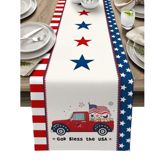 American Truck with Flag Star Independence Table Runner 36 Inches, Red Beige Stripes Star Lace Bed Runner Dresser Scarves Tabletop for Indoor Outdoor Parties/Ceremony/Banquet, 13"x 36"