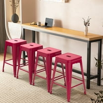 Rose Red Metal Barstools, 24" High Bar Stools Backless, Indoor-Outdoor Counter Height Stools with Square Seat, Set of 4