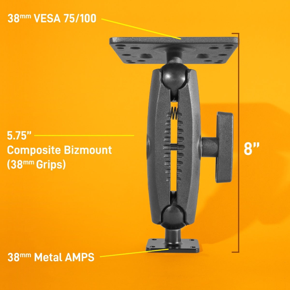 iBOLT 38mm / 1.5 inch Metal Rectangular AMPS Pattern to VESA 75 x 75 / VESA 100 x 100 Dual Ball Mount for Monitors, displays, or tvís- Featuring a 5.75-inch Composite 38mm Bizmount Arm