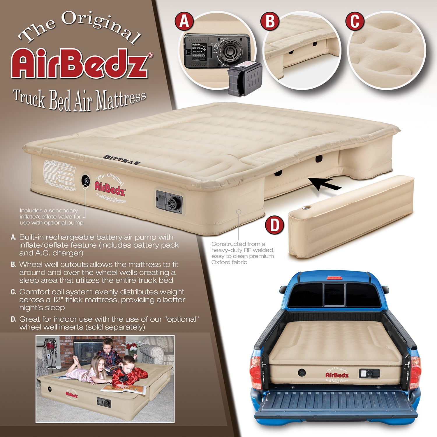 Airbedz by Pittman Outdoors - Truck Bed Air Mattress Mid Size 6.0-6.5' Ft Bed With Built-In Rechargeable Battery Air Pump Tan