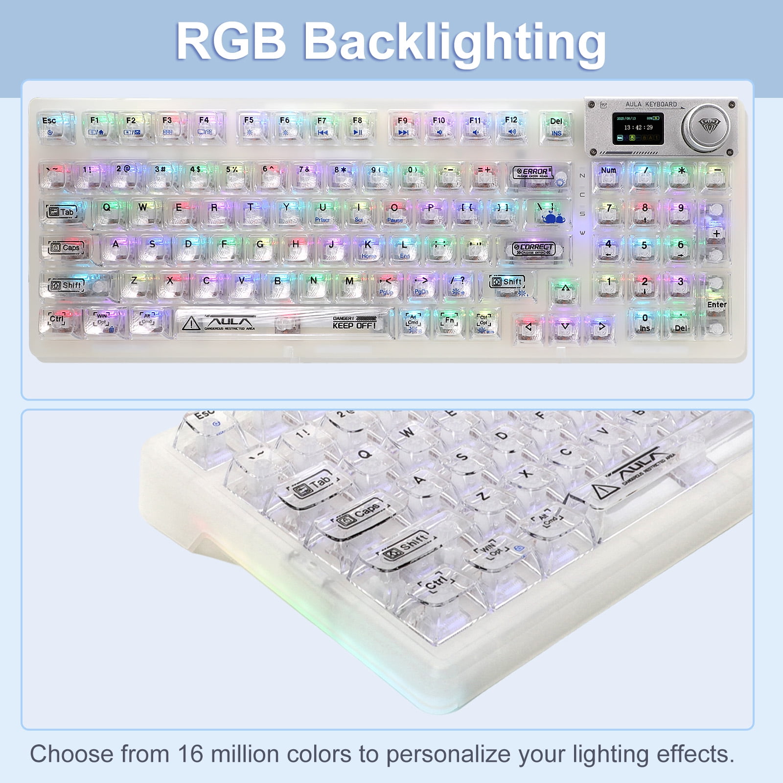 AULA F98Pro Transparent Wireless Mechanical Keyboard – White, Tri-Mode (Bluetooth/2.4G/USB-C), Hot-Swappable Switches, OLED Display, 4000mAh Battery, RGB Backlit