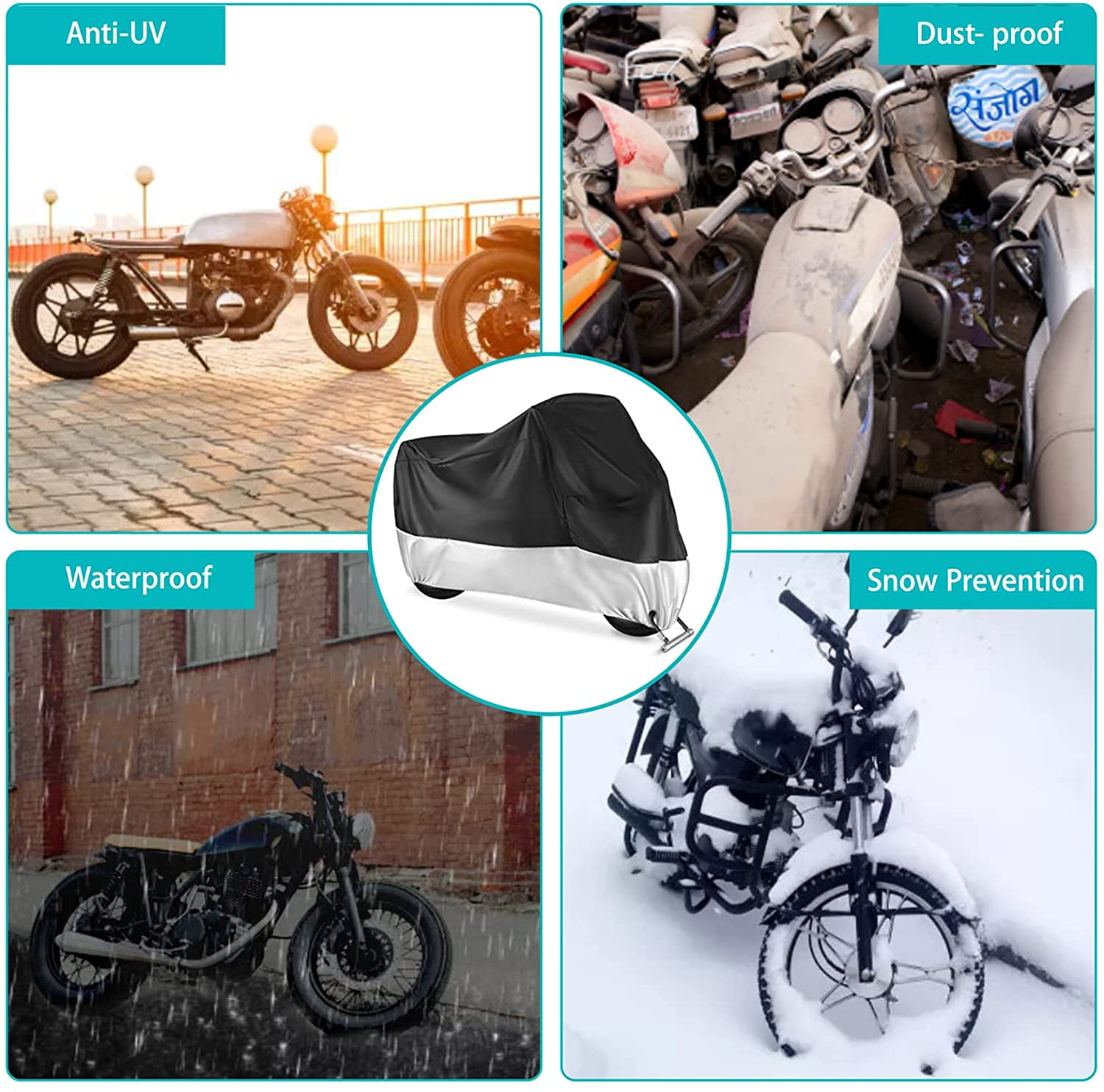 XXL Motorcycle Cover Outdoor Waterproof, All Season Motorcycle Sun Dust Cover - Black and Silver