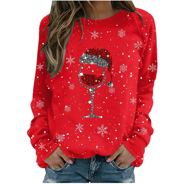 Chandail Décontracté Sans Capuche pour Femme, Automne Hiver, Flocon de Neige de Noël, Verre Rouge Imprimé, Col Rond, Manches Longues