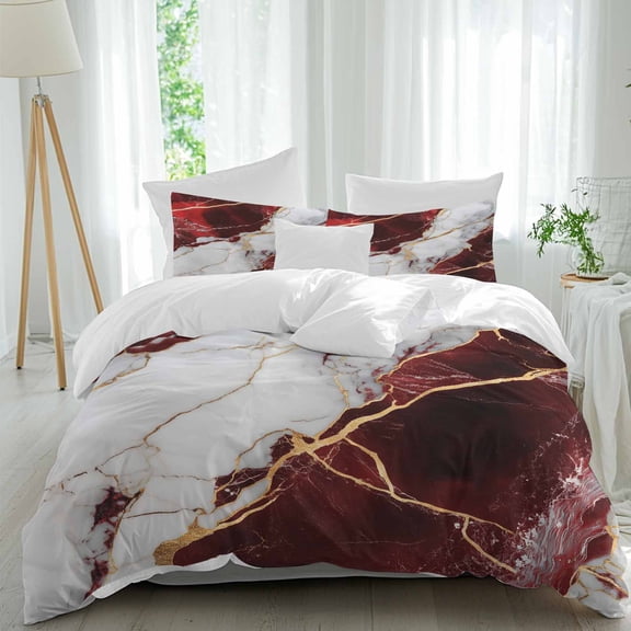 3 Piece Marble Red Duvet Cover Set California King,Microfiber Comforter/Quilt Cover with Corner Ties and 2 Pillowcases,Modern Abstract Gold White Brick Stone Motif Soft Bedding with Zipper Closure