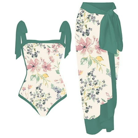 Jacenvly 2024 2 Piece Skirt Sets for Women Beach Clearance Quick Drying Women s One-Piece Bikini Lace Up Printed Swimsuit Long Skirt Two-Piece Sets Swimwear Floral Trendy Swimsuit Skirt Set Green