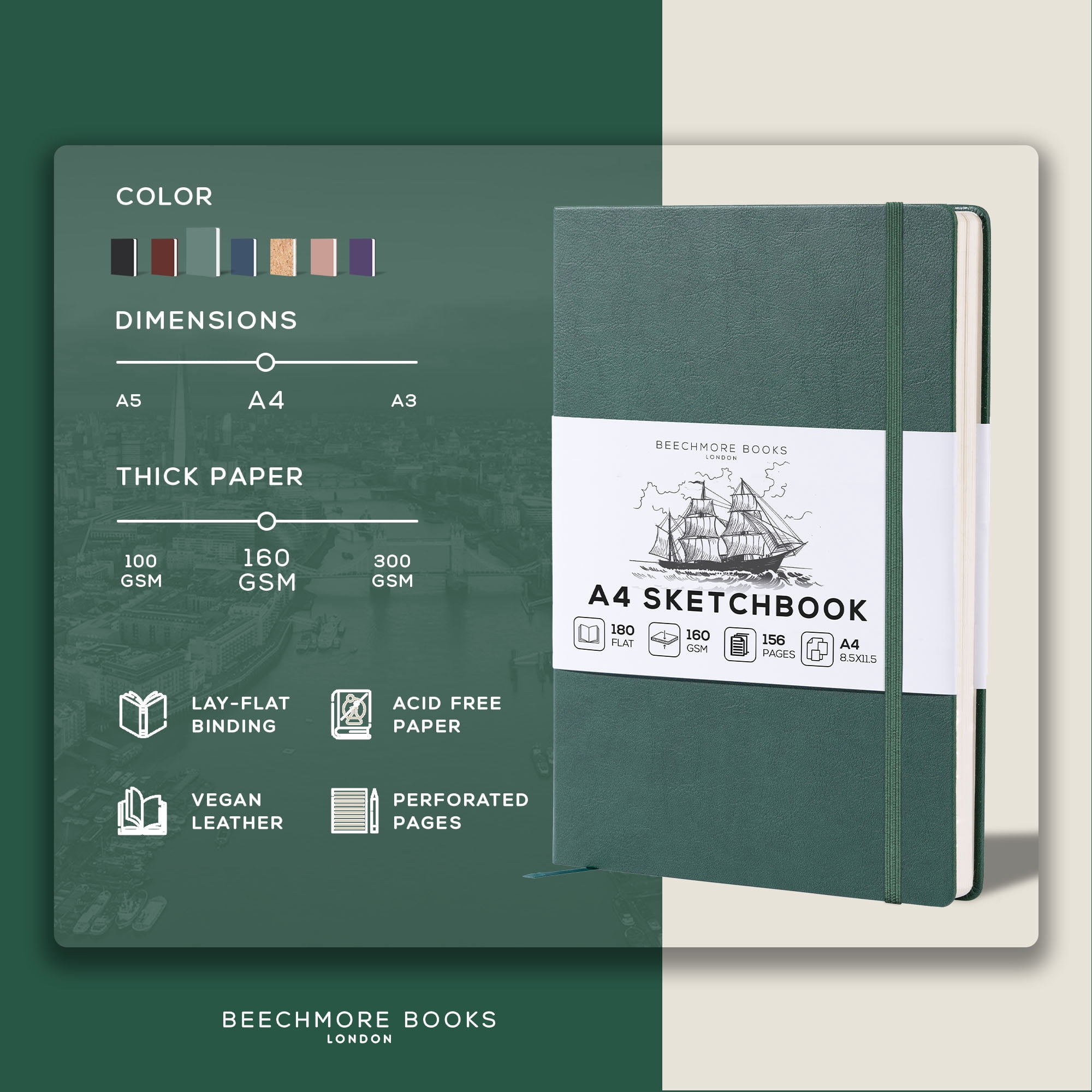 Beechmore Books A4 Sketchbook – 8.5x11" Premium Vegan Leather Bound Large Sketch Book Hardcover With 156 Thick 160gsm Perforated Ivory Pages, Blank Sketch Pad, Gift Boxed, Back Pocket Ribbon Bookmark
