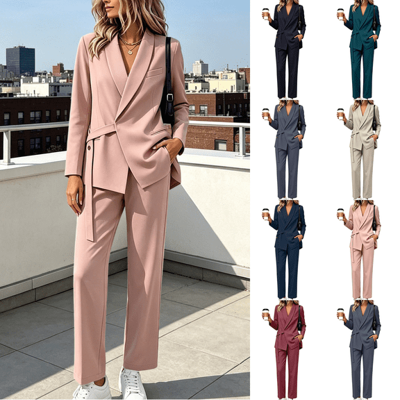 Yuanlook Women's Plus Size Coordinated Workwear Suit Set, Shawl Lapel Single Button Blazer and High rise Straight Pants for Office Wear and Social Events M‑5XL