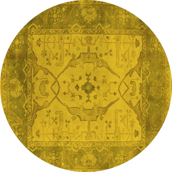Ahgly Company Machine Washable Indoor Round Oriental Yellow Traditional Area Rugs, 7' Round