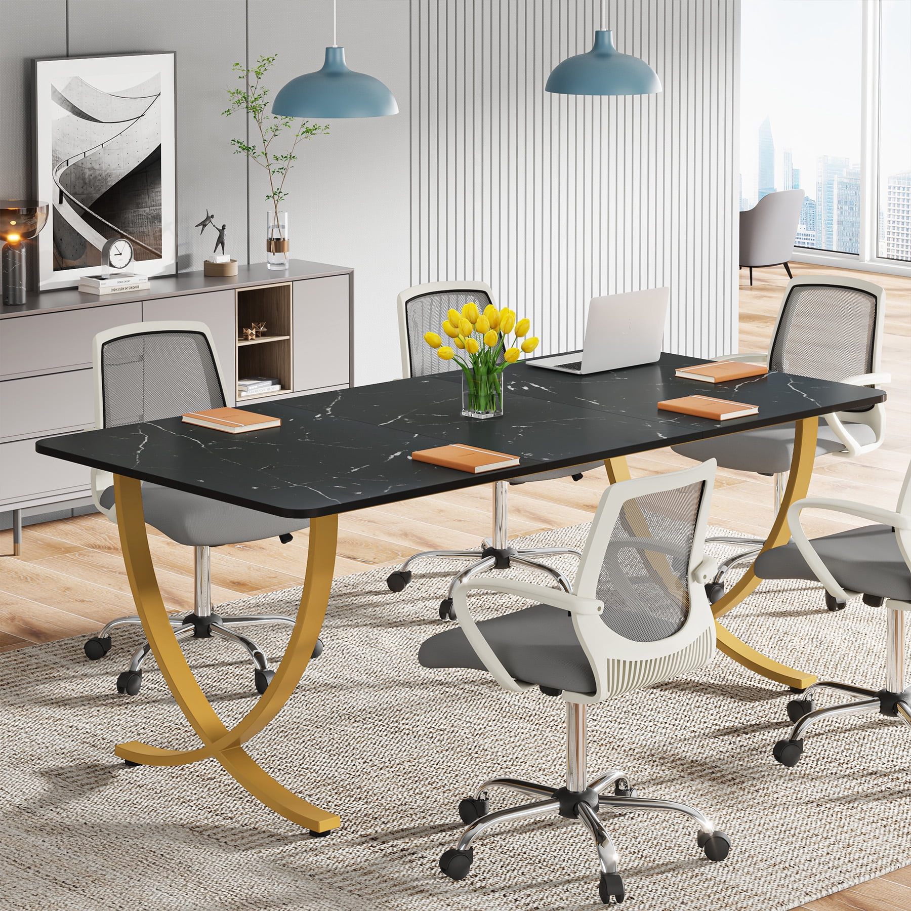 Tribesigns 63" Executive Desk, Large Office Desk with Black & Gold Finish, Modern Computer Desk for Home Office, Conference Room