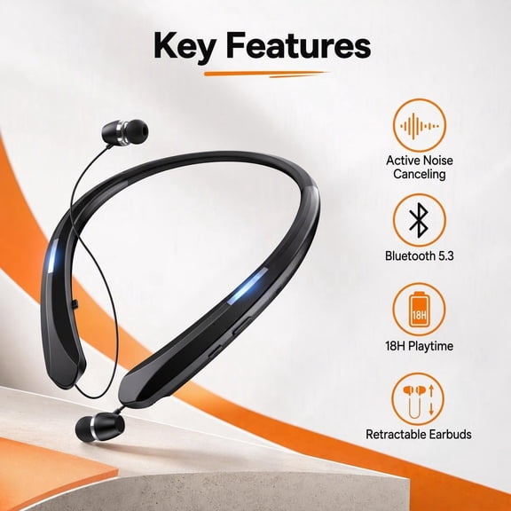 Neckband Bluetooth Headphone, Sweat Resistant Noise Cancelling Stereo Headphones and Retractable Headset Wireless Sports Earbuds for Music, Conference, Sports, Black
