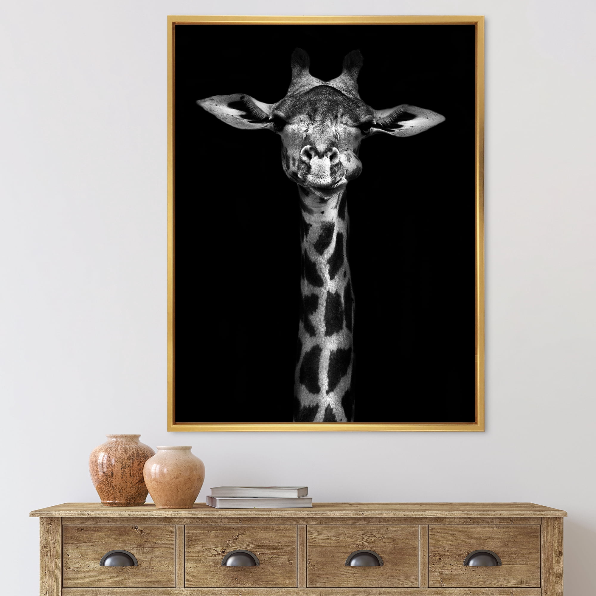 Portrait Of A Giraffe In Monochrome 16 in x 32 in Framed Painting Canvas Art Print, by Designart