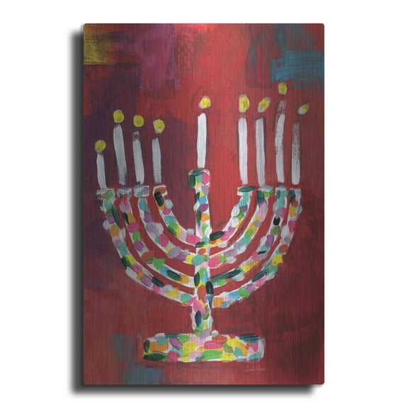 Luxe Metal Art 'Colorful Menorah' by Linda Woods, Metal Wall Art, 16"x24"