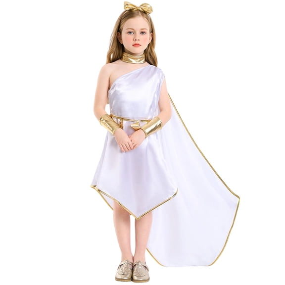 CONZONE Halloween Outfit For Girls Hallowmas Ancient Dress Set Dress Up Clothes For Kids Elegant Festival Stage Performance Outfits Size 4-6 Years White