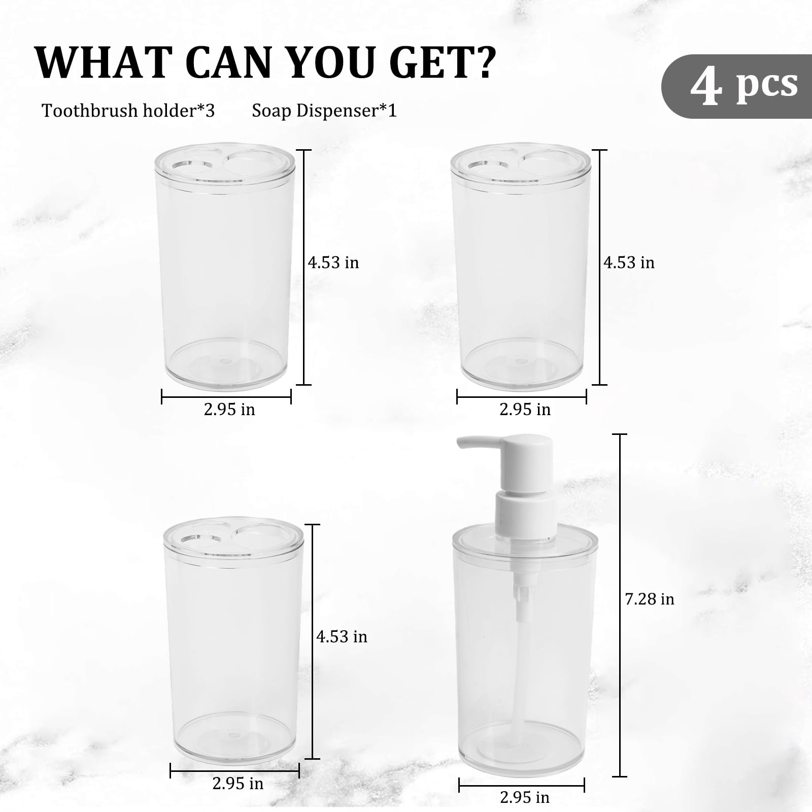 Koomade Clear Plastic 3 Toothbrush Holders + 1pc Soap Dispenser Bathroom Organization Set