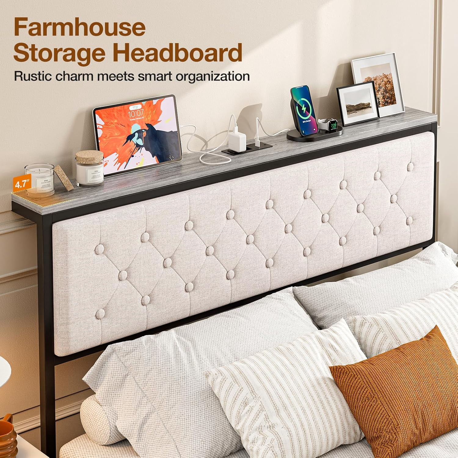 ARICOEASY Queen Size Storage Headboard with Charging Station, Upholstered Button Tufted Headboard, Easy Assembly, Beige