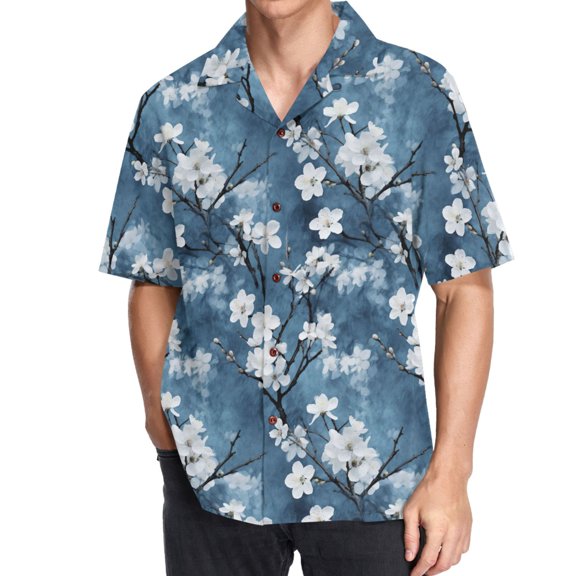 joogoo Men's Hawaiian Shirt Flowers on Branches Short Sleeve Casual Button Down Shirts M