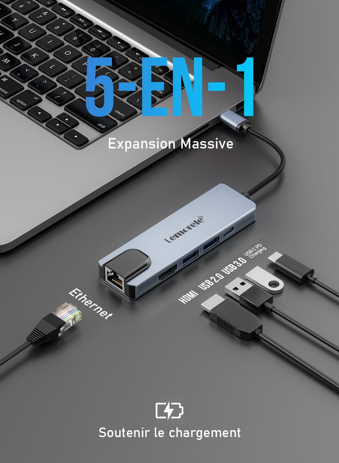 USB-C Multi-Function Docking Station with 4K HDMI, 60W PD Fast Charging, Gigabit Ethernet, USB 3.0, 5-in-1 Aluminum Alloy USB C Dongle