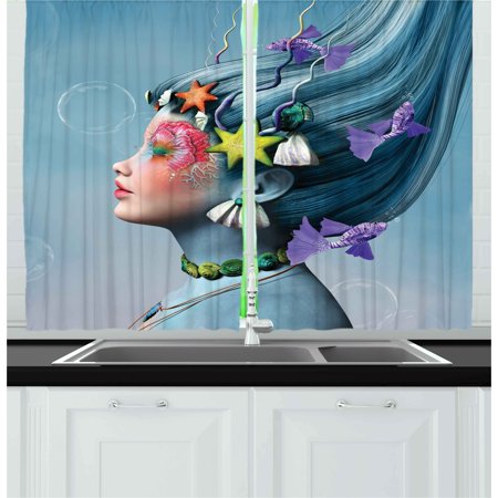 - Mermaid Curtains 2 Panels Set, Woman with Underwater Themed Make Up Hairstyle Starfishes Seashells Fishes Bubbles, Window Drapes for Living Room Bedroom, 55W X 39L Inches, Multicolor, by Ambesonne