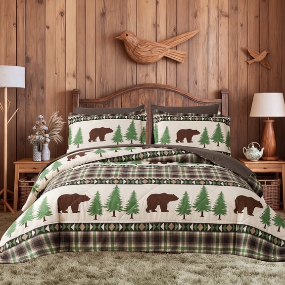 Jessy Home King Comforter Set 7 Pieces Coffee Green Bear Pine Bedding Set King Bed in a Bag with Flat Sheet and Fitted Sheet, Pillowcases & Shams