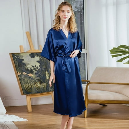 

Women s Nightgown Robe Pure Long Imitation Silk Sexy Casual Solid Kimono Robes Lightweight Silky Sleepwear V-Neck Calf-Length Bathrobe Pajamas